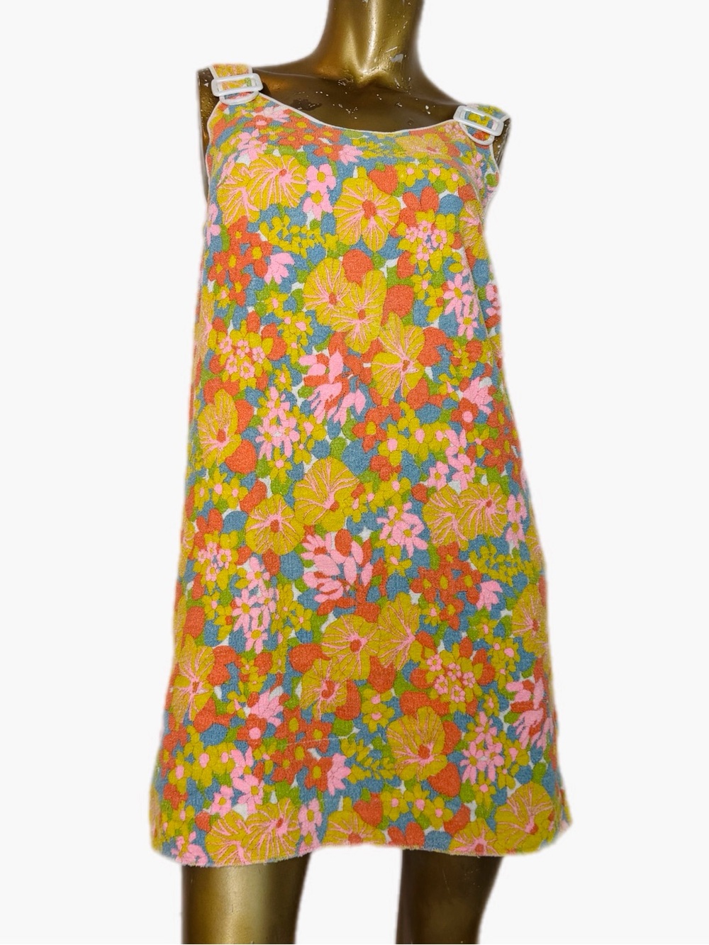 Custom Vintage 60s/70s Floral Terry Cloth Towel Sleeveless Mod Mini Dress 34”